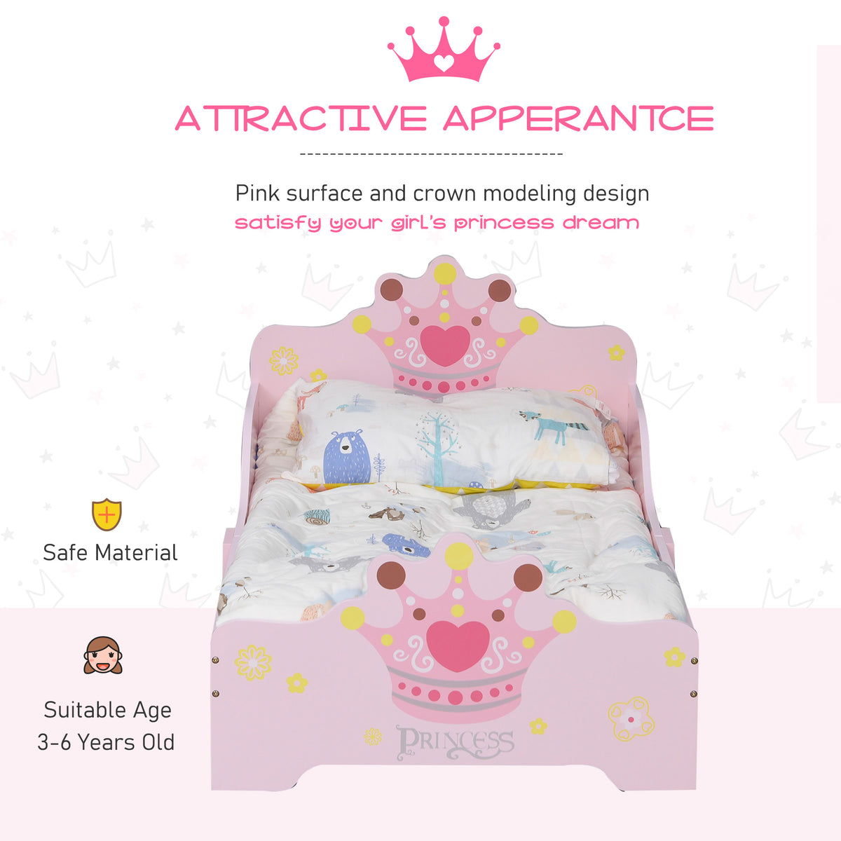 HOMCOM Kids Toddler Bed Princess Crown Theme Safety Side Rails Slats Home Bedroom Furniture Boys Girls 3-6 Years Pink 143 x 73 x 60 cm