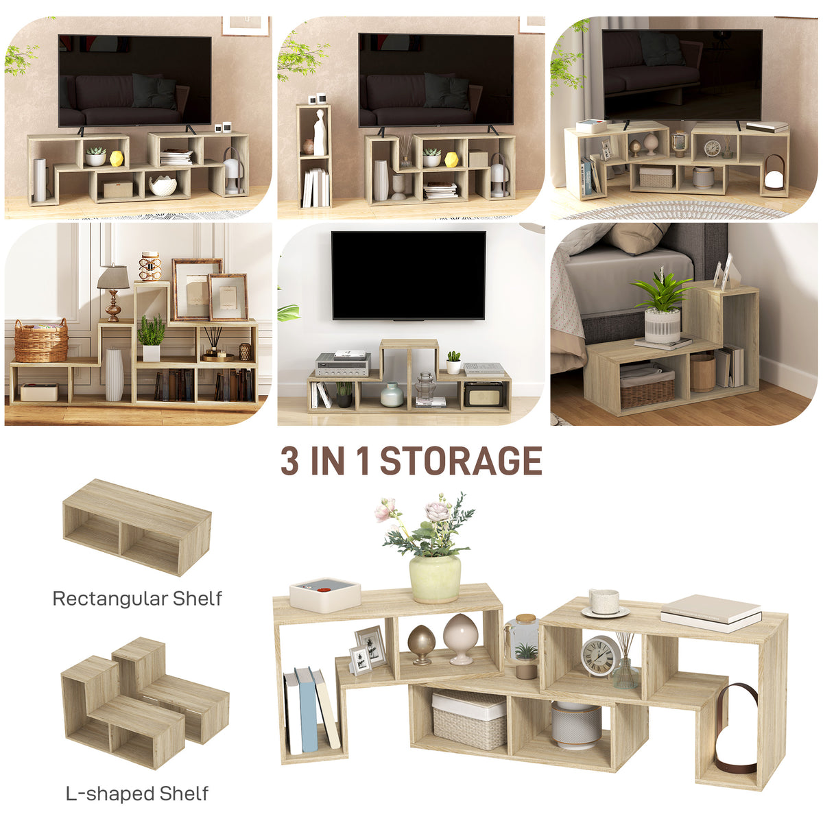 HOMCOM Three-Block Modular TV Stand - Grey Wood-Effect