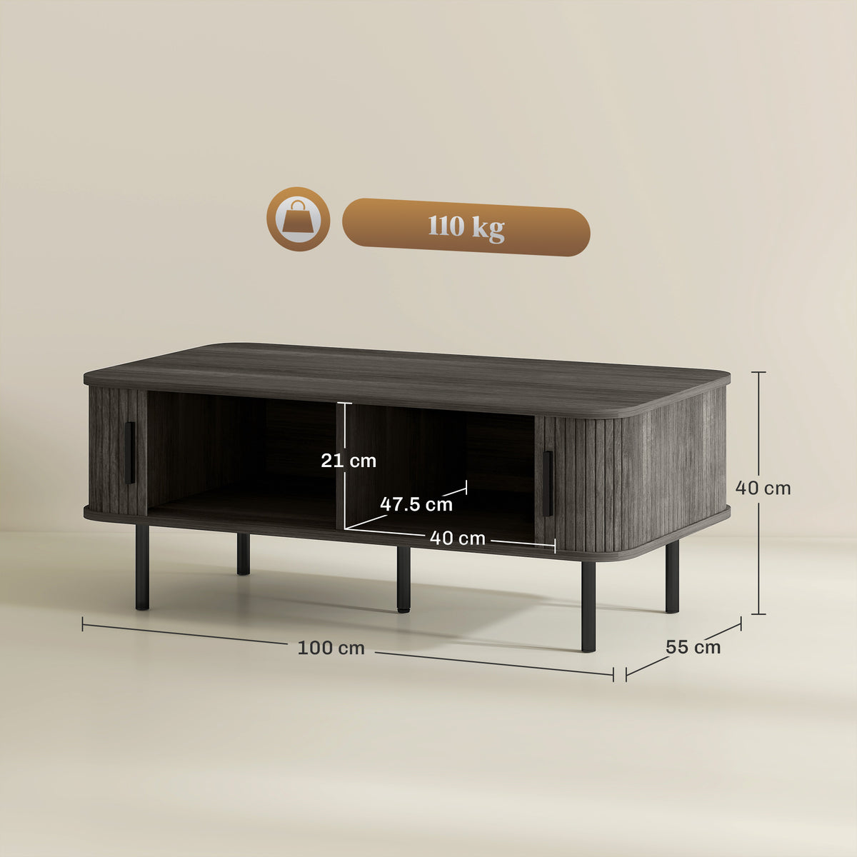 HOMCOM Coffee Table with Storage, Living Room Table with Slatted Tambour Sliding Doors and Adjustable Foot Pads, Rectangular Coffee Table with Elevated Base for Living Room, Grey Wood-Effect