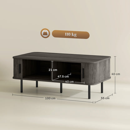HOMCOM Coffee Table with Storage, Living Room Table with Slatted Tambour Sliding Doors and Adjustable Foot Pads, Rectangular Coffee Table with Elevated Base for Living Room, Grey Wood-Effect