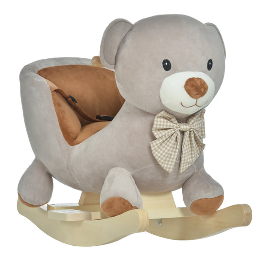 HOMCOM Kids Children Rocking Horse Plush Ride On Bear Seat w/ Sound Wood Base Seat Seat Belt Toddler Baby Toy for 18-36 Months Grey
