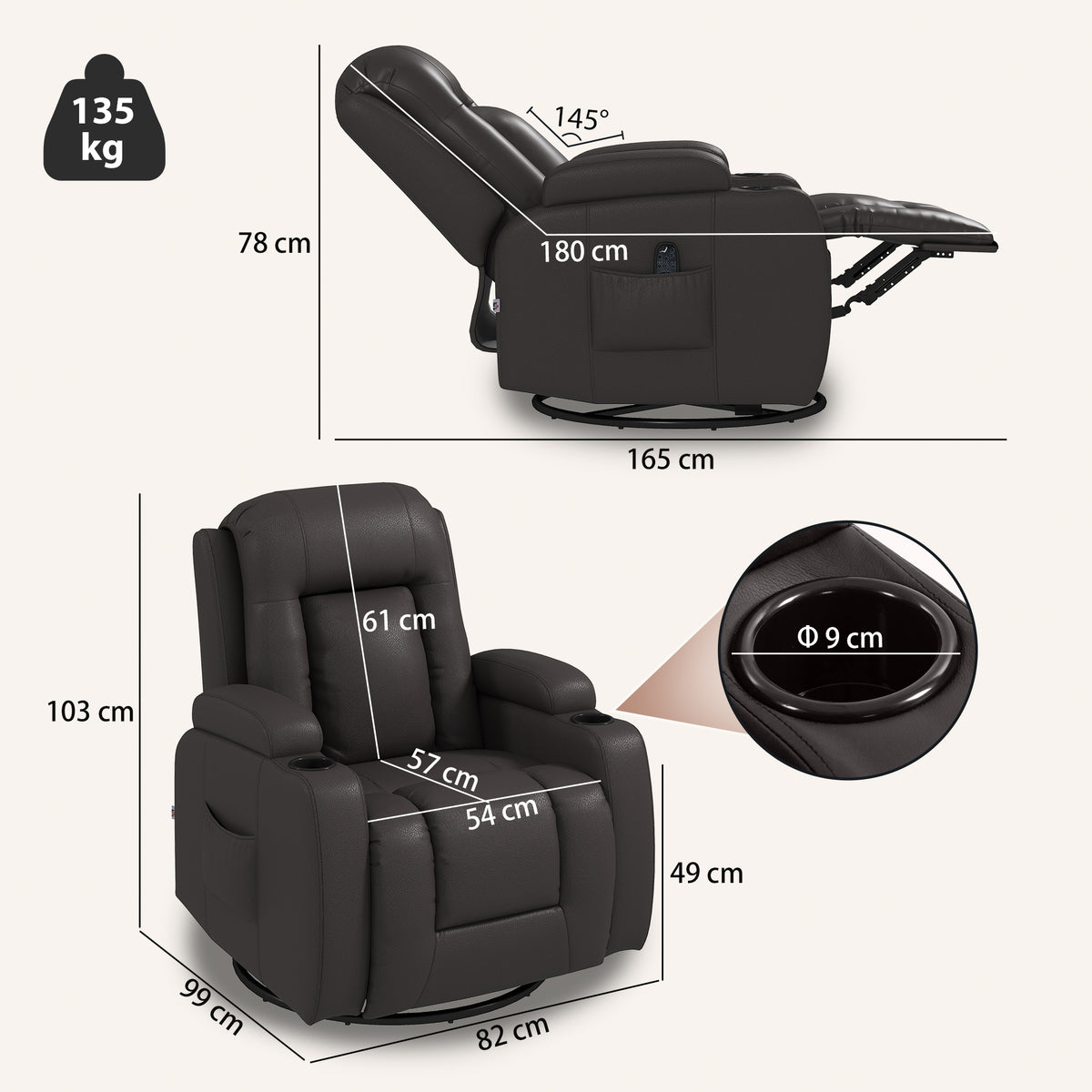 HOMCOM PU Leather Recliner Chair, Recliner Armchair with Extended Footrest, Cup Holders and Side Pockets, Dark Brown