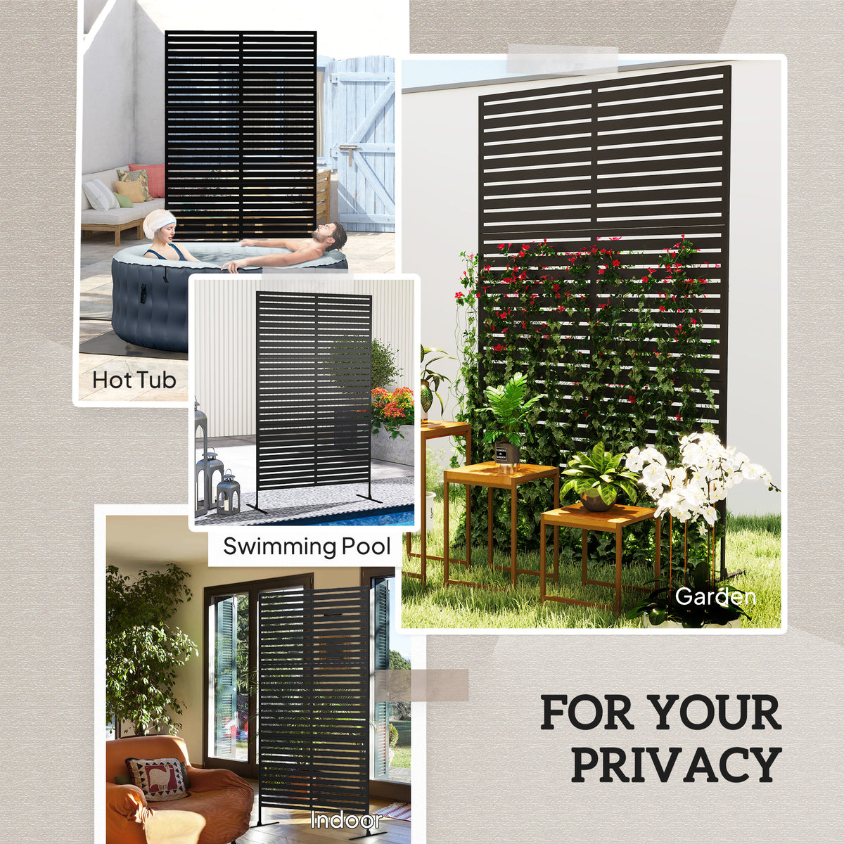 Outsunny Decorative Privacy Fence Screen, Metal Outdoor Privacy Screen Climbing Plant Trellis with Stand, 122 x 198 cm, Black