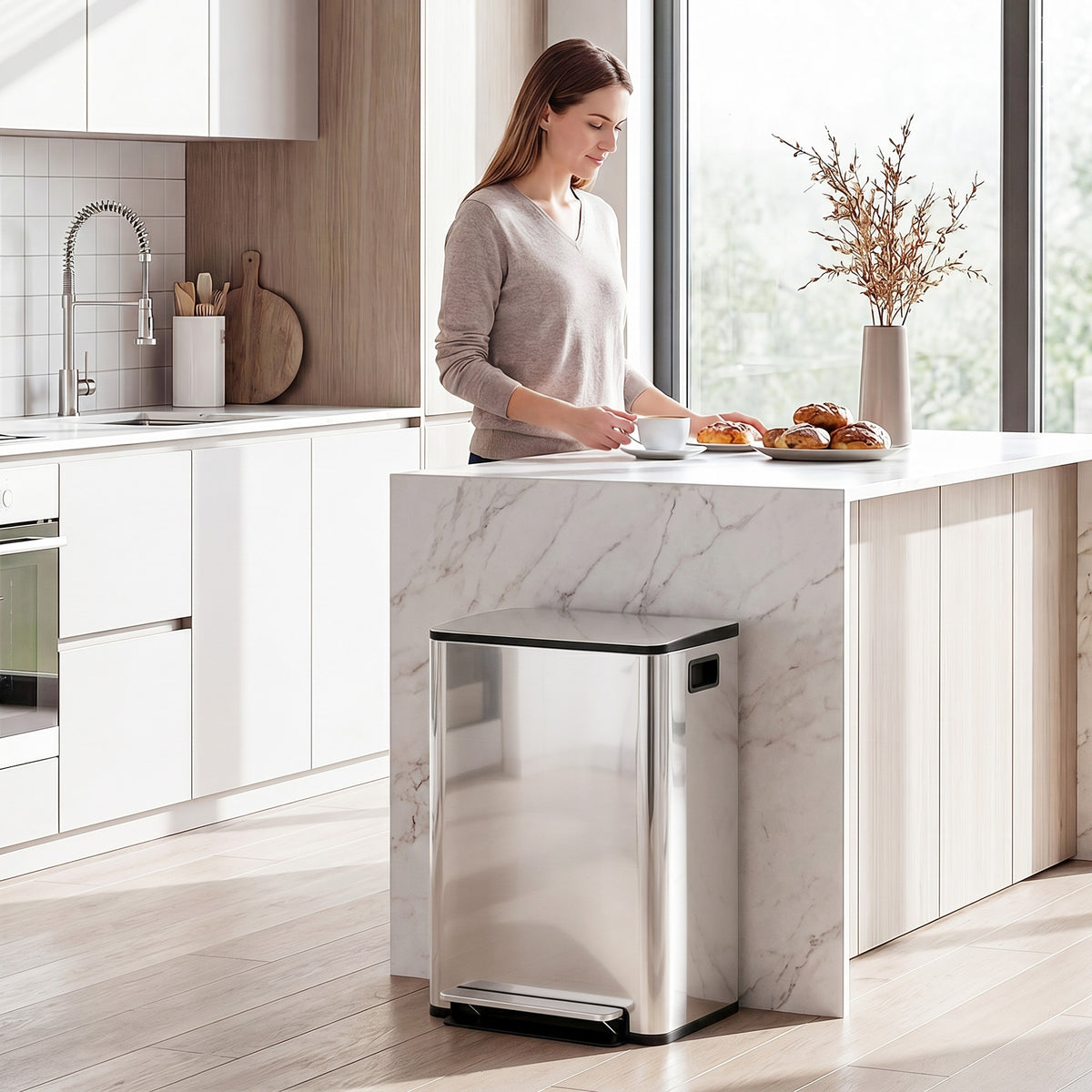 HOMCOM 60L Dual Compartment Stainless Steel Bin, with Deodoriser Holders - Silver Tone