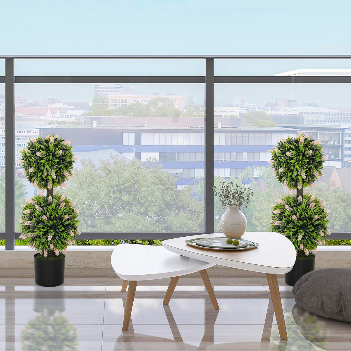 HOMCOM Set of 2 Artificial Plants, Lavender Flowers Ball Trees with Pot, for Home Indoor Outdoor Decor, 70cm