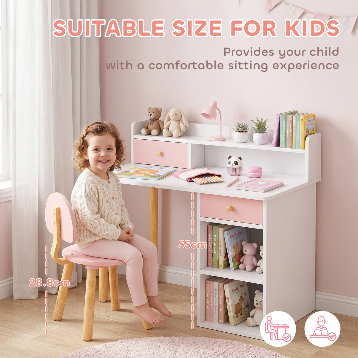 AIYAPLAY 2 Pieces Children Study Table with Hutch, Kids Desk and Chair Set with Storage, Drawer, Shelves, Pink