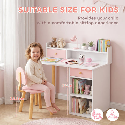AIYAPLAY 2 Pieces Children Study Table with Hutch, Kids Desk and Chair Set with Storage, Drawer, Shelves, Pink