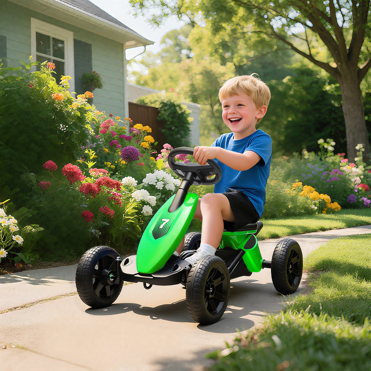 AIYAPLAY Pedal Go Kart for Kids 2-5 Years, with Silent EVA Wheels, Metal Frame, Green