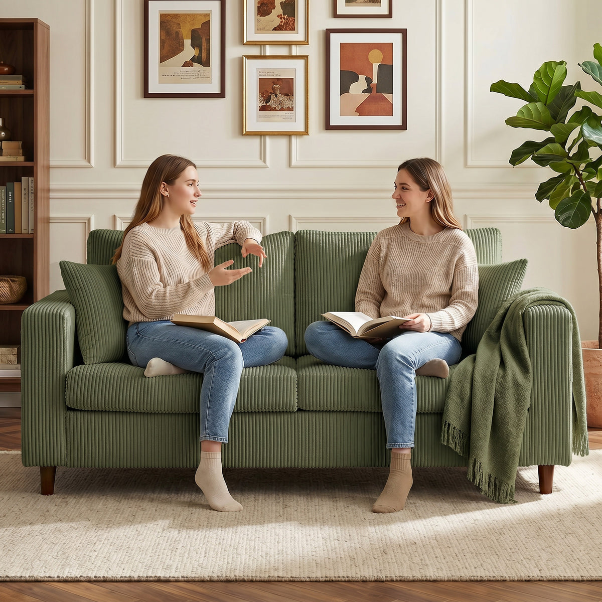 HOMCOM Loveseat Sofa with Wide Seat, Corduroy 2 Seater Couch with Deep Seat, Spring Cushion, Green