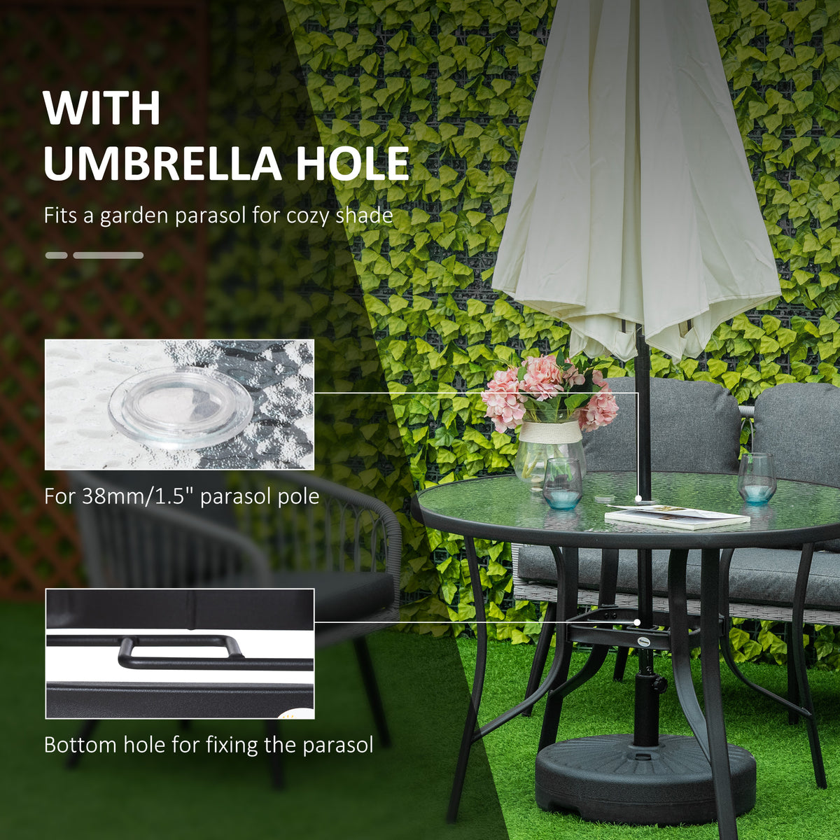 Outsunny 106cm Round Garden Dining Table with Parasol Hole, Tempered Glass Top, Steel Frame