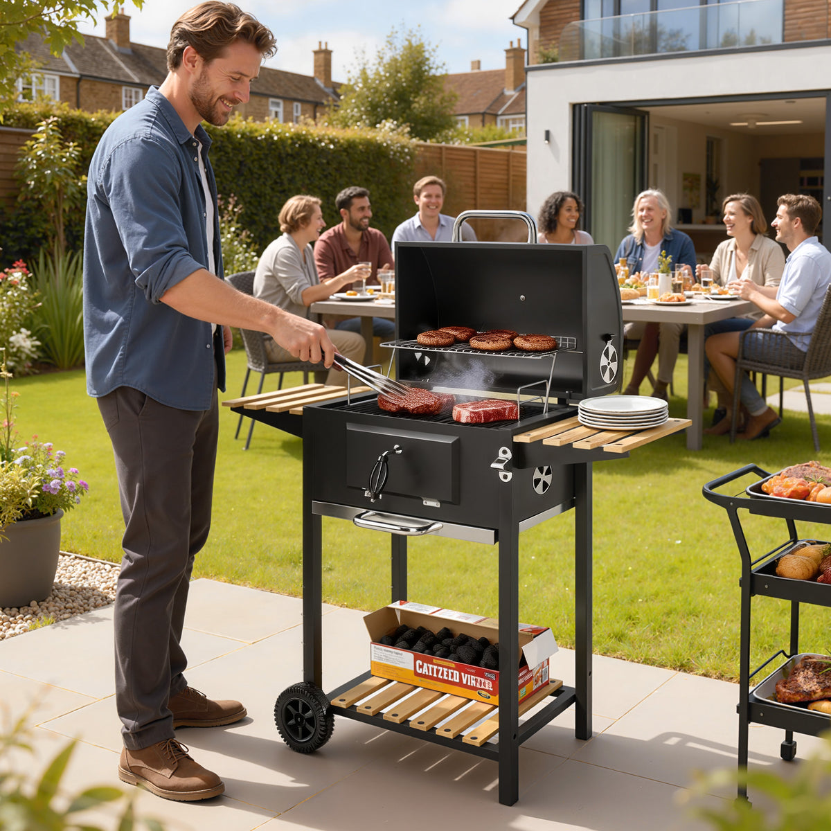 Outsunny Charcoal BBQ Grill with Adjustable Charcoal Pan, Barbecue Smoker with Warming Rack, Black