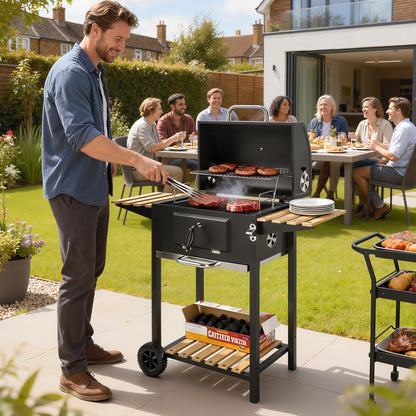 Outsunny Charcoal BBQ Grill with Adjustable Charcoal Pan, Barbecue Smoker with Warming Rack, Black