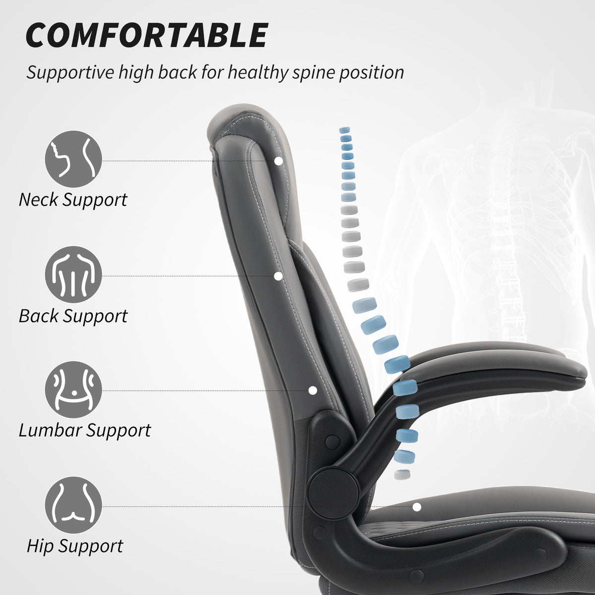 HOMCOM Faux Leather Office Chair. with Flip-Up Armrests - Charcoal Grey