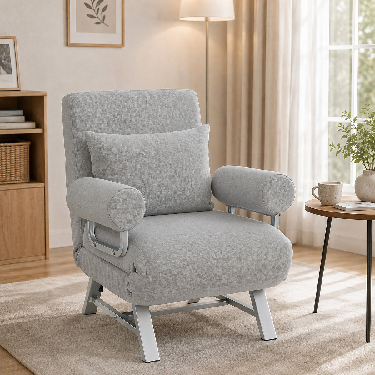 HOMCOM Single Sofa Bed, 3-in-1 Convertible Folding Chair Bed with Adjustable Backrest, Removable Armrests, Light Grey