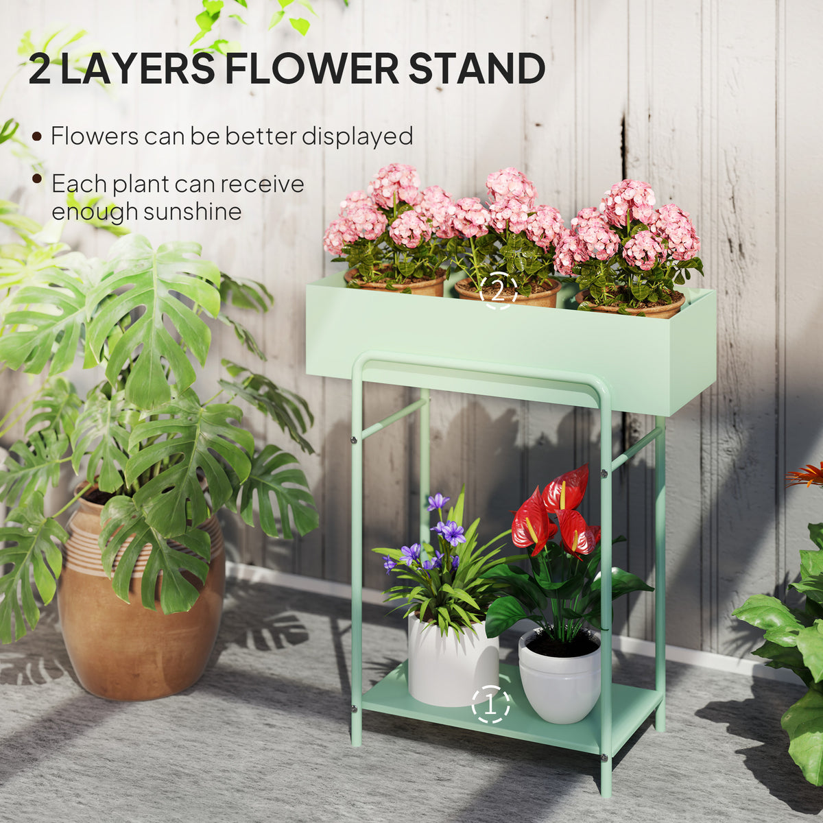 Outsunny 2 Tier Plant Stand, Metal Plant Rack Shelf with Drain Holes, Floor-standing Flower Pot Stand for Indoor Outdoor Garden Patio Balcony Living Room, Green