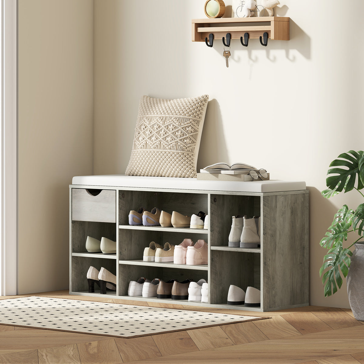 HOMCOM Shoe Storage Bench with Cushion - Grey