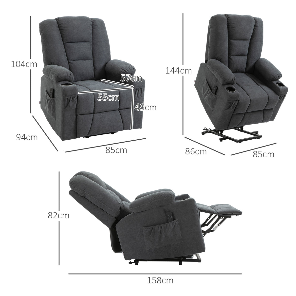 HOMCOM Electric Riser Recliner Armchair， Oversized Chair with Cup Holder & Side Pockets for Elderly in Living Room, Charcoal Grey