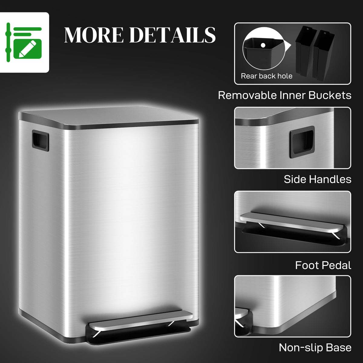 HOMCOM 40L Dual Compartment Stainless Steel Bin, with Deodoriser Holders - Silver Tone