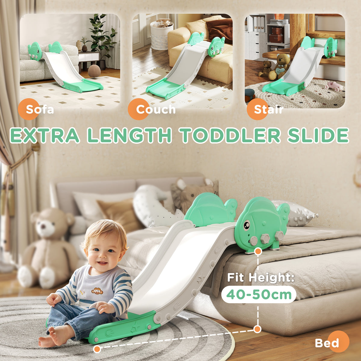 AIYAPLAY Kids Sofa Slide with 130cm Extended Length, HDPE Toddler Slide for Sofa, Bed, Stairs, Easy Assemble & Storage, Green