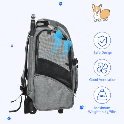 PawHut 2 in 1 Dog Backpack and Trolley, Pet Travel Backpack Cat Dog Carrier with Telescopic Handle, Portable Pet Stroller Wheel Luggage Bag (Grey)
