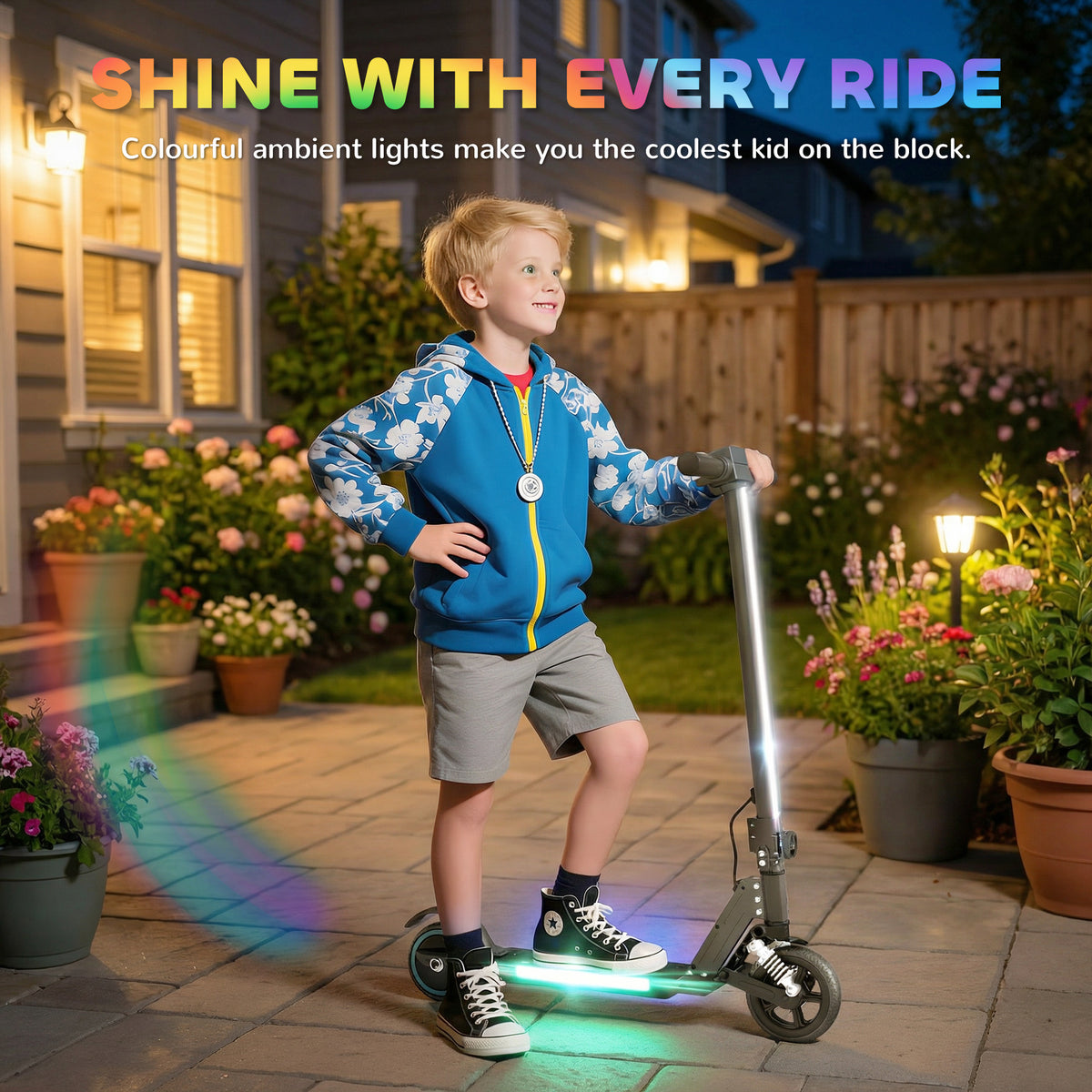SPORTNOW Folding Electric Scooter for Kids, with Dual Brakes, Front Suspension, LED Colourful Lights, Black