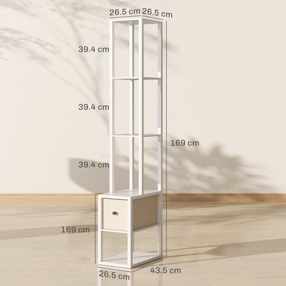 HOMCOM Floor Lamp with Shelves, LED Column Modern Standing Lamp with Fabric Drawer, Adjustable Brightness, Foot Switch for Living Room, Bedroom, Office, White