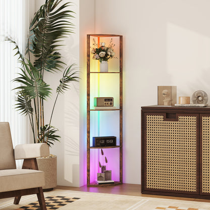 HOMCOM RGB Standing Lamp with Shelves, 4-Tier LED Floor Lamp with Multiple Lighting Modes, Rustic Brown