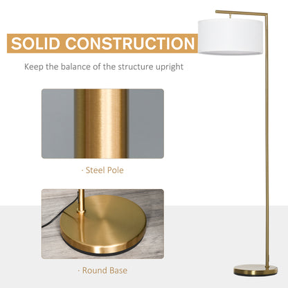 HOMCOM Floor Lamp, Modern Standing Lamp with Linen Lampshade, Round Base for Living Room, Bedroom, Dining Room, 153cm, Gold Tone and White