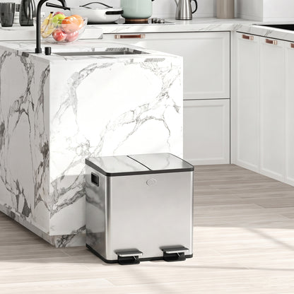 HOMCOM 30L Dual Compartment Stainless Steel Bin, with Deodoriser Holders - Silver Tone