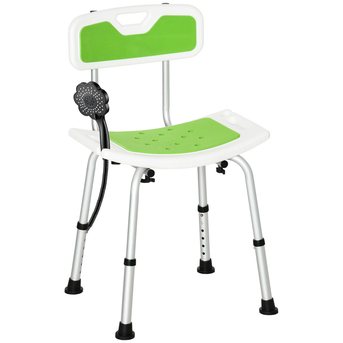 HOMCOM Shower Stool with Backrest, Height Adjustable Shower Chair with Anti-slip Foot Pads, Shower Head Holder, Green