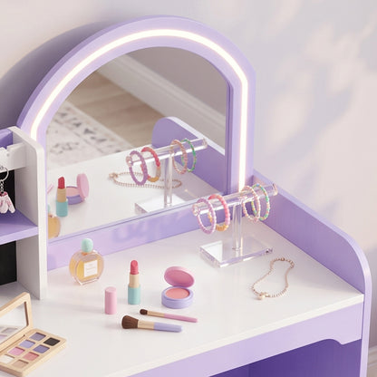 AIYAPLAY Kids Vanity Set, Kids Dressing Table with Stool, 2-Colour Lights Mirror, Pretend Dresser Gift for Ages 3-8, Purple