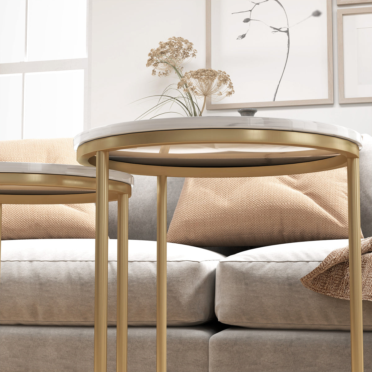 HOMCOM Set of Two Marble-Effect Nest of Tables - White/Gold-Tone