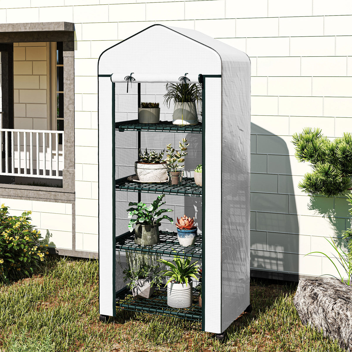 Outsunny 4 Tier Mini Portable Greenhouse Compact Plant Grow Shed Metal Frame PE Cover with Lockable Rolling Wheels, White