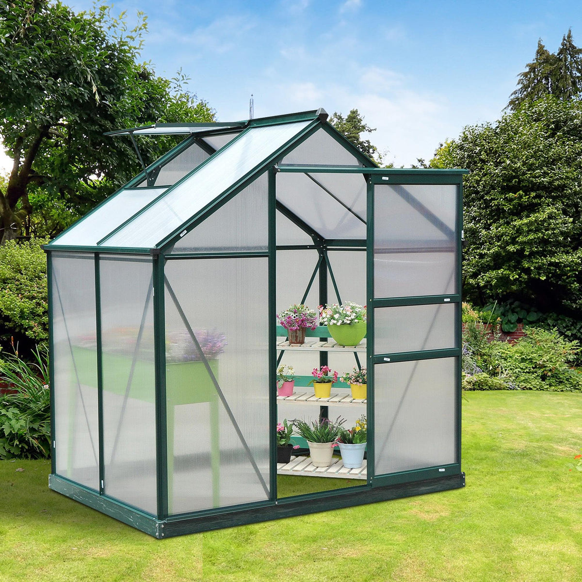 Outsunny 6 x 4ft Polycarbonate Greenhouse, Large Walk in Green House with Slide Door and Window, Garden Plants Grow House with Aluminium Frame and Foundation, Dark Green