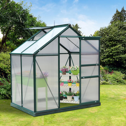 Outsunny 6 x 4ft Polycarbonate Greenhouse, Large Walk in Green House with Slide Door and Window, Garden Plants Grow House with Aluminium Frame and Foundation, Dark Green