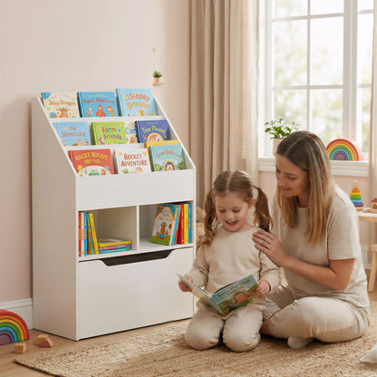 HOMCOM Kids Bookshelf, Toy Organiser, with Storage Drawer, Wheels - White