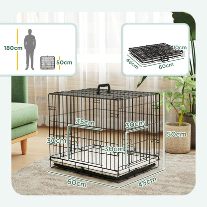 PawHut Foldable Dog Crate with Two Doors with Tray, Soft Cushion, for Extra Small Dogs, 60 x 45 x 50, Black