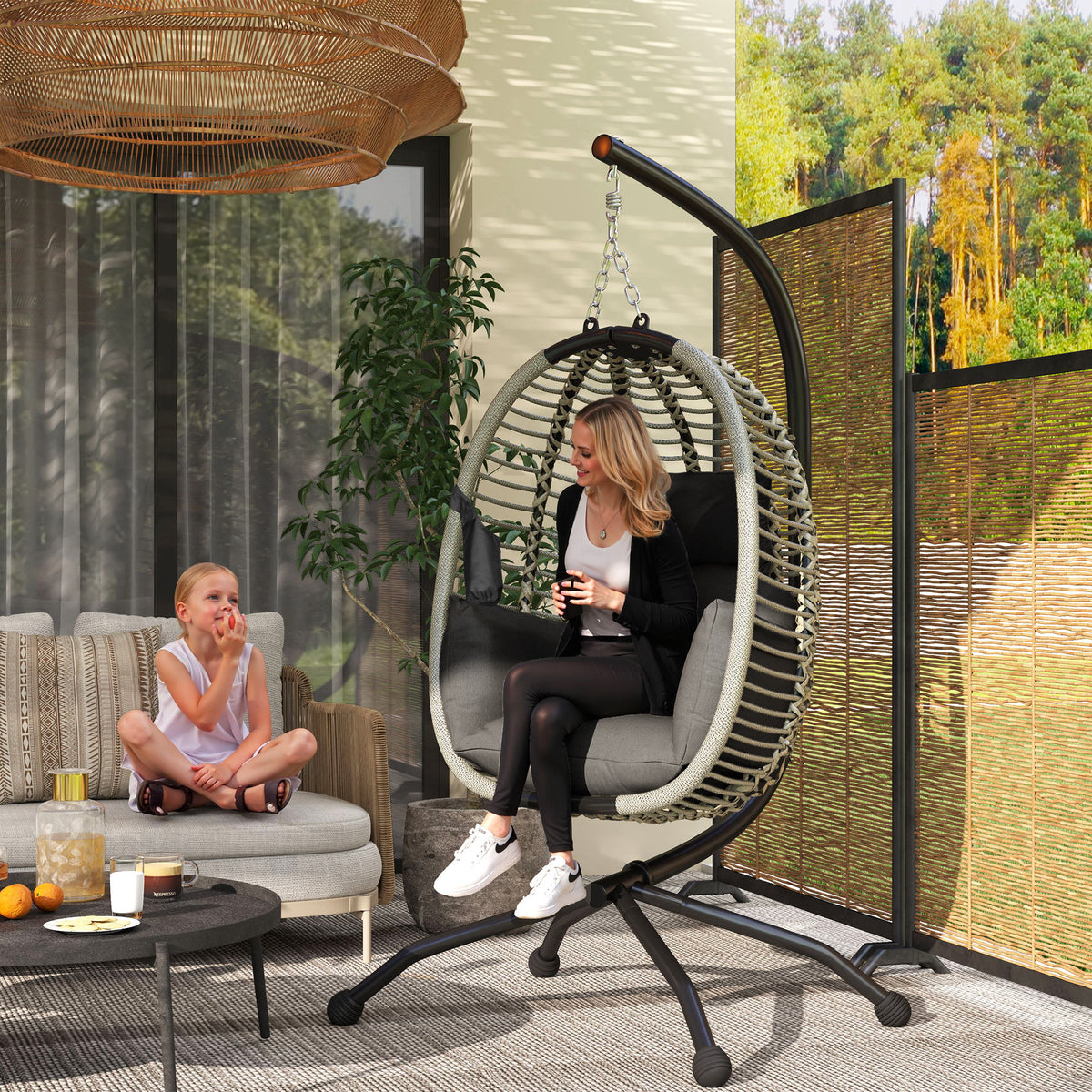 Outsunny Outdoor Swing Chair with Thick Padded Cushion, Patio Hanging Egg Chair with Metal Stand, Foldable Basket, Cup Holder, Rope Structure for Indoor & Outdoor, Dark Grey