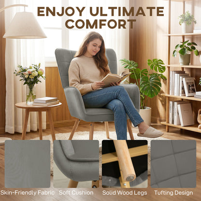 HOMCOM Modern Accent Chair, Upholstered High Back Armchair with Tufted Wingback, Seat Padding, Velvet Leisure Lounge Bedroom Chair with Wood Legs, Grey