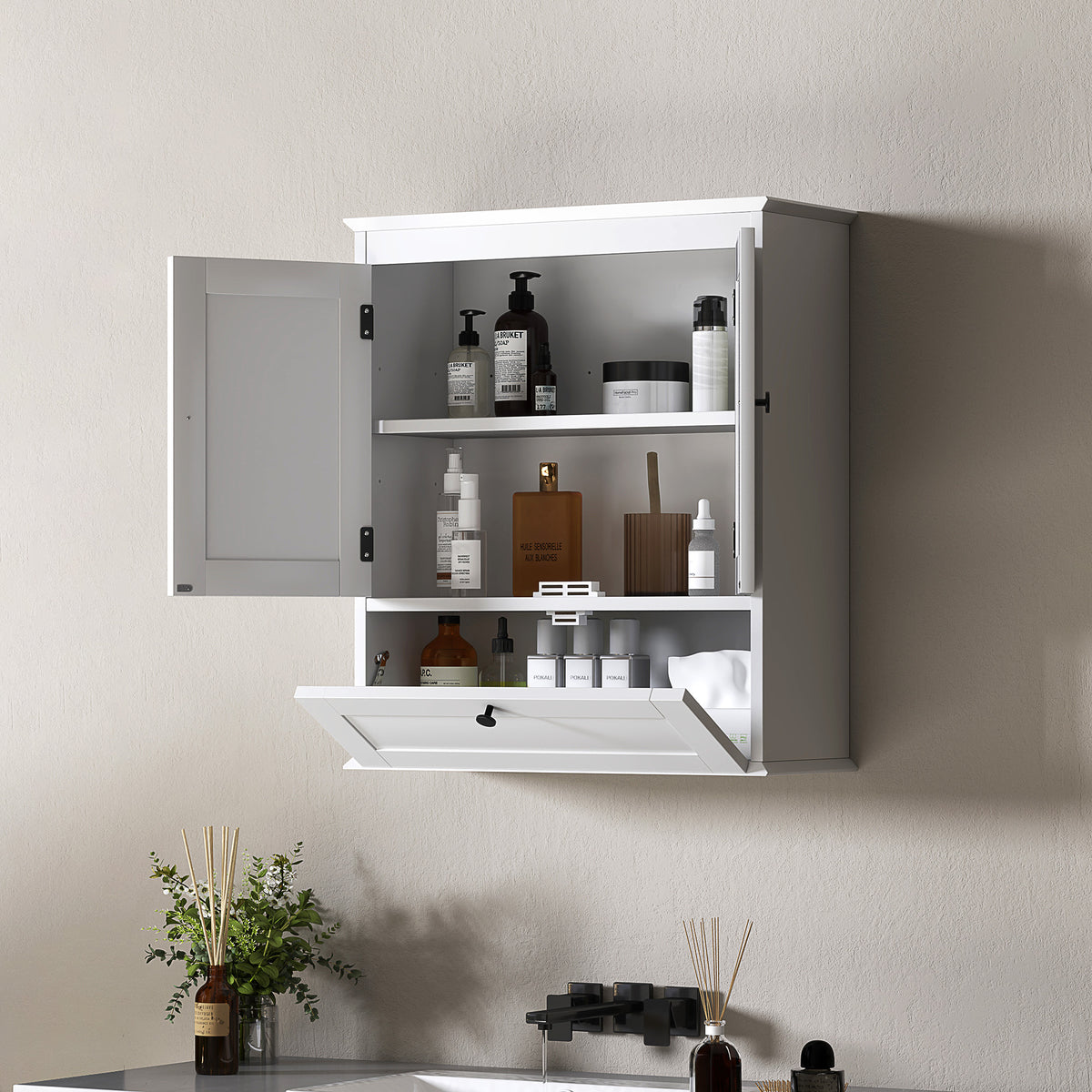 HOMCOM Bathroom Wall Cabinet with Adjustable Shelf and Recessed Doors, White