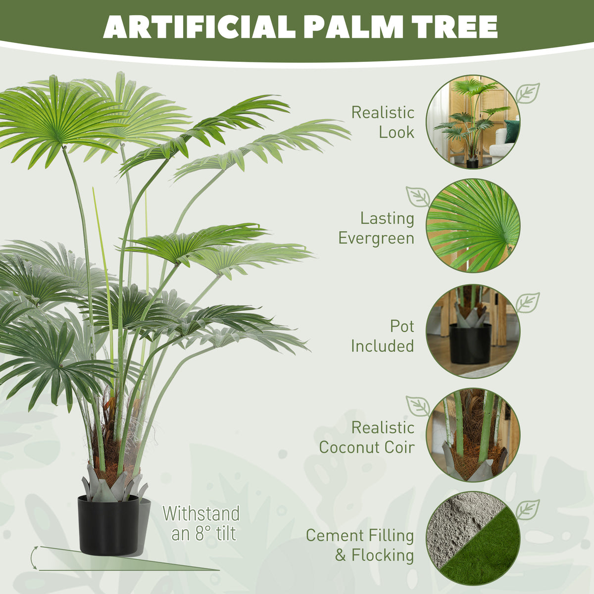 HOMCOM 145cm Artificial Palm Tree, Decorative Artificial Plant with Lifelike PEVA Leaves and Coconut Coir, Fake Tree with Plastic Pot and Flocking for Home Office Decor, Green
