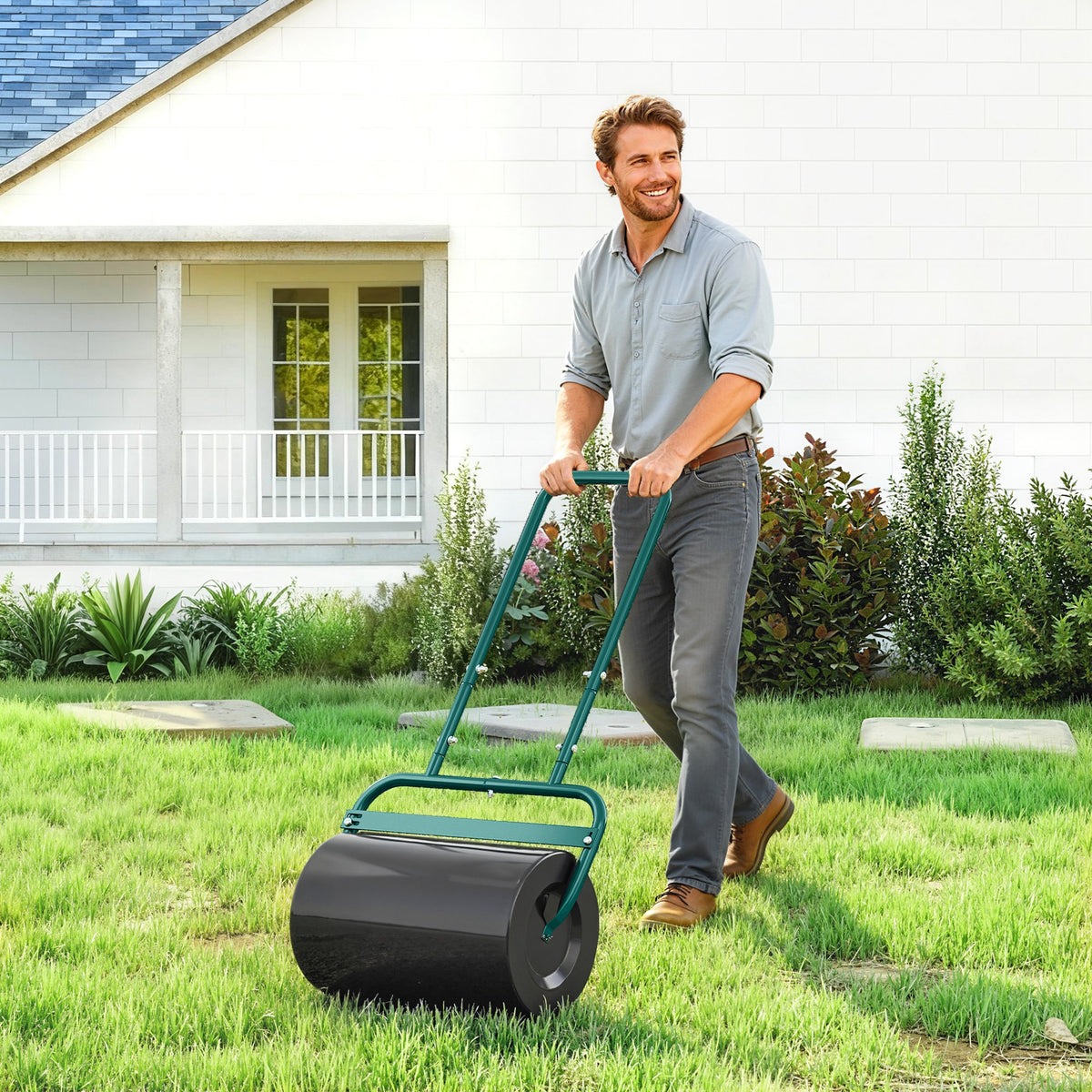 Outsunny 38L Fillable Cylinder Steel Lawn Roller - Dark Green