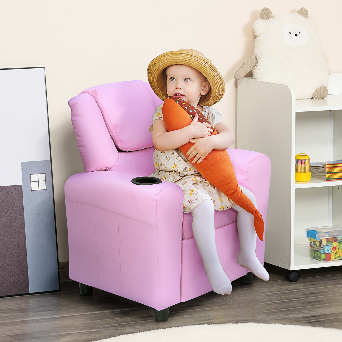 HOMCOM Kids Recliner Chair, PU Leather with Adjustable Backrest, Footrest, Padded Headrest, Pink