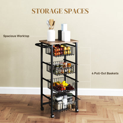 HOMCOM Four Basket Mobile Kitchen Island, with Brakes - Oak/Black