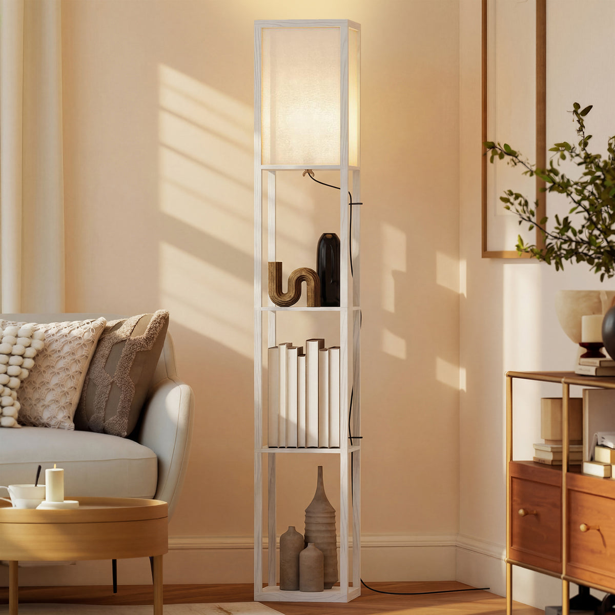 HOMCOM 3-Tier Floor Lamp with Shelves and Storage, Modern Corner Standing Lamp with Lampshade, Foot Switch for Living Room, Bedroom, Home Office, Bulb not Included, White