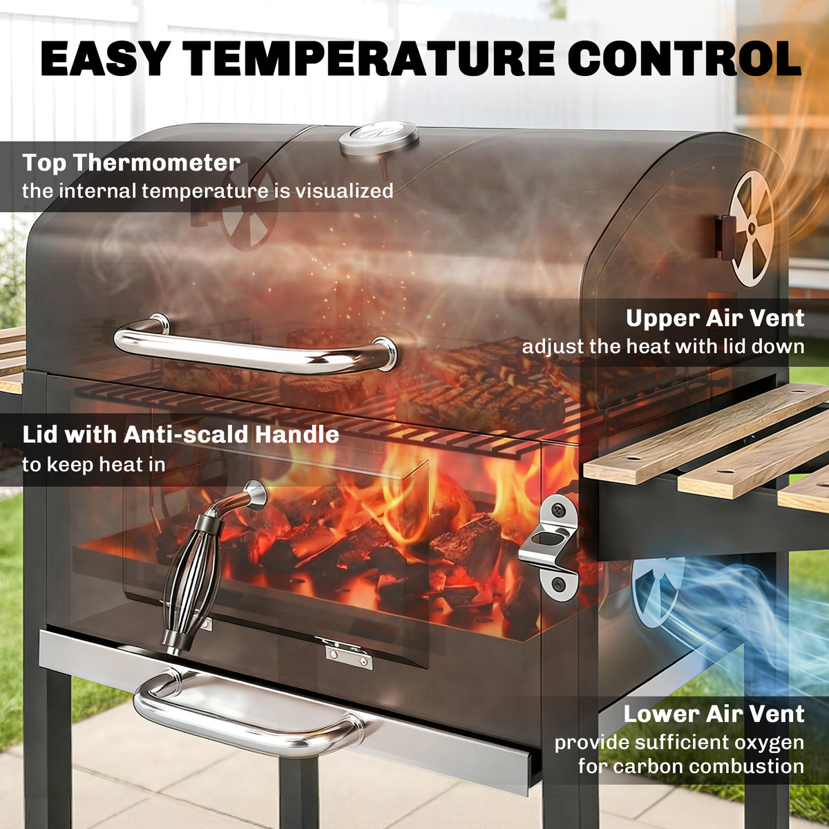 Outsunny Charcoal BBQ Grill with Adjustable Charcoal Pan, Barbecue Smoker with Warming Rack, Black