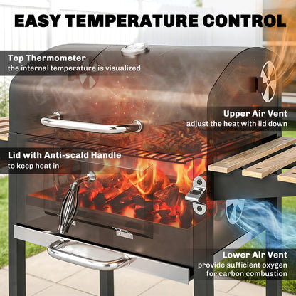 Outsunny Charcoal BBQ Grill with Adjustable Charcoal Pan, Barbecue Smoker with Warming Rack, Black