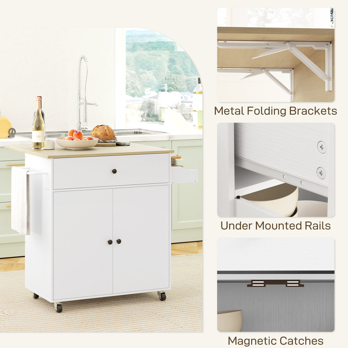 HOMCOM Kitchen Island with Drop Leaf, Rolling Kitchen Storage Trolley on Wheels with Drawer, Spice Rack and Towel Rack, White