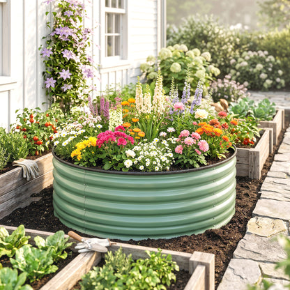 Outsunny Galvanised Raised Garden Bed with Safety Edging, Outdoor Raised Planter Box with Gloves, 120 x 120 x 43cm, Light Green