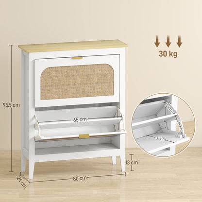 HOMCOM Narrow Shoe Cabinet, Boho Slim Shoe Storage Cabinet with 2 Flip Drawers, Holds 14 Pairs, White
